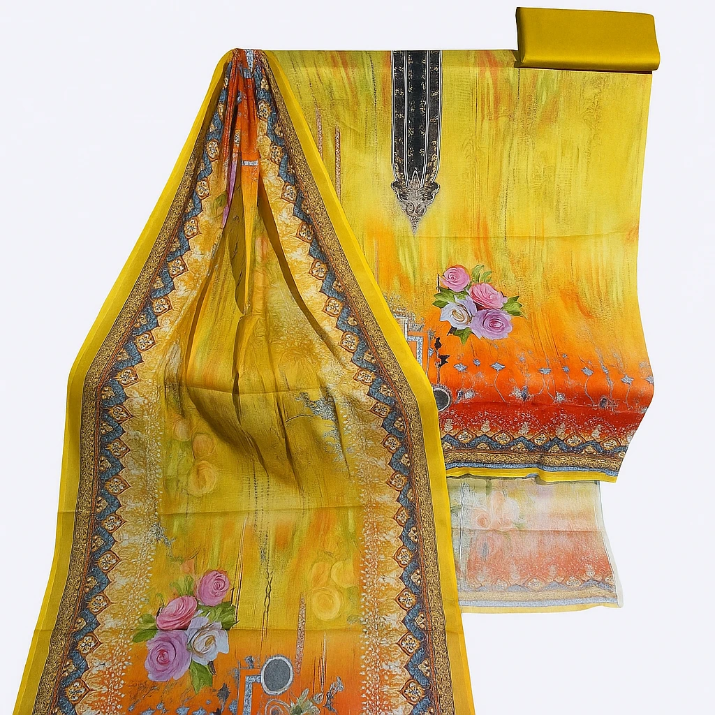 Vibrant Yellow & Orange Unstitched 3-Piece Lawn Suit with Floral Design