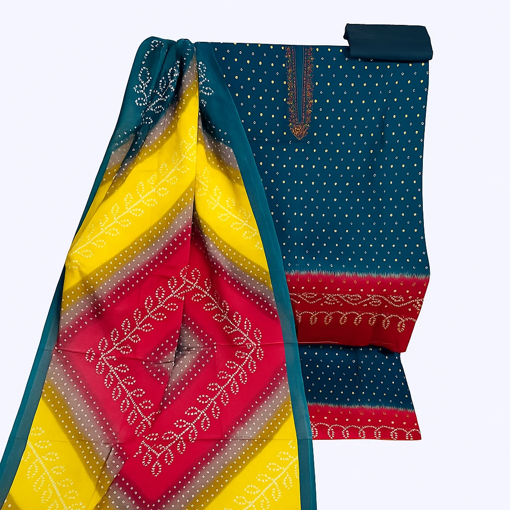 Multicolor Bandhani Dot-Print Unstitched 3-Piece Lawn Suit