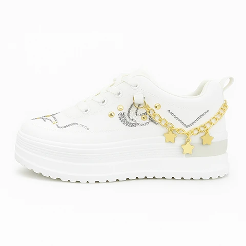 White Platform Girls Sneakers with Gold Star Chain & Moon Design