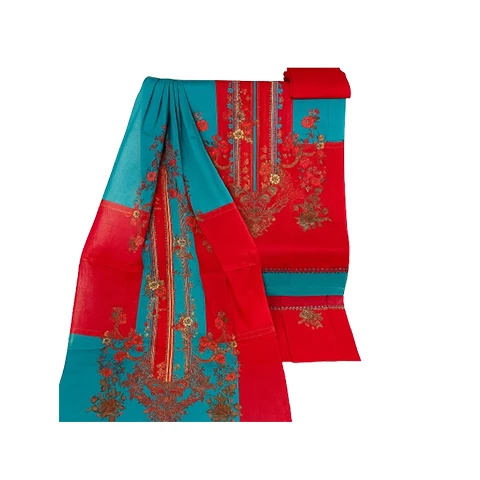 Vibrant Red & Teal Floral three piece– Lightweight Soft Fabric for Festive & Dai