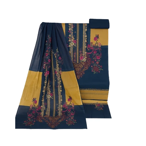 Navy Blue & Mustard Unstitched Lawn 3-Piece Suit with Floral Print
