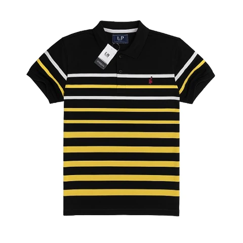 Men's Premium Black Polo T-Shirt with Yellow & White Stripes – Classic Casual We