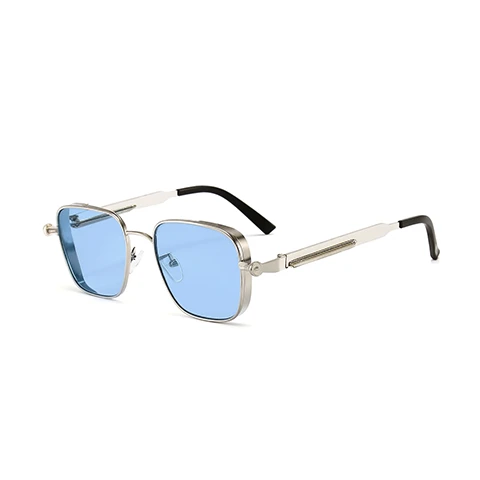 Trendy Blue Lens Sunglasses – Silver Metal Frame Unisex Eyewear