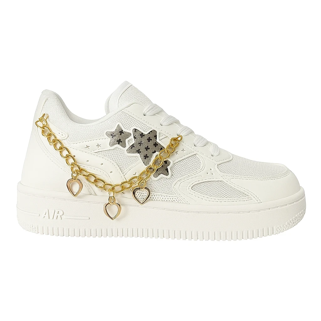 White Panelled Sneakers with Chain– Lace-Up PU Upp...